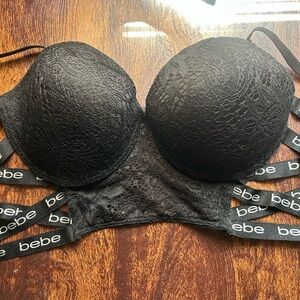 Bebe Black Lace Bra 38DD Logo Lace Cup Full Coverage Sexy Lingerie